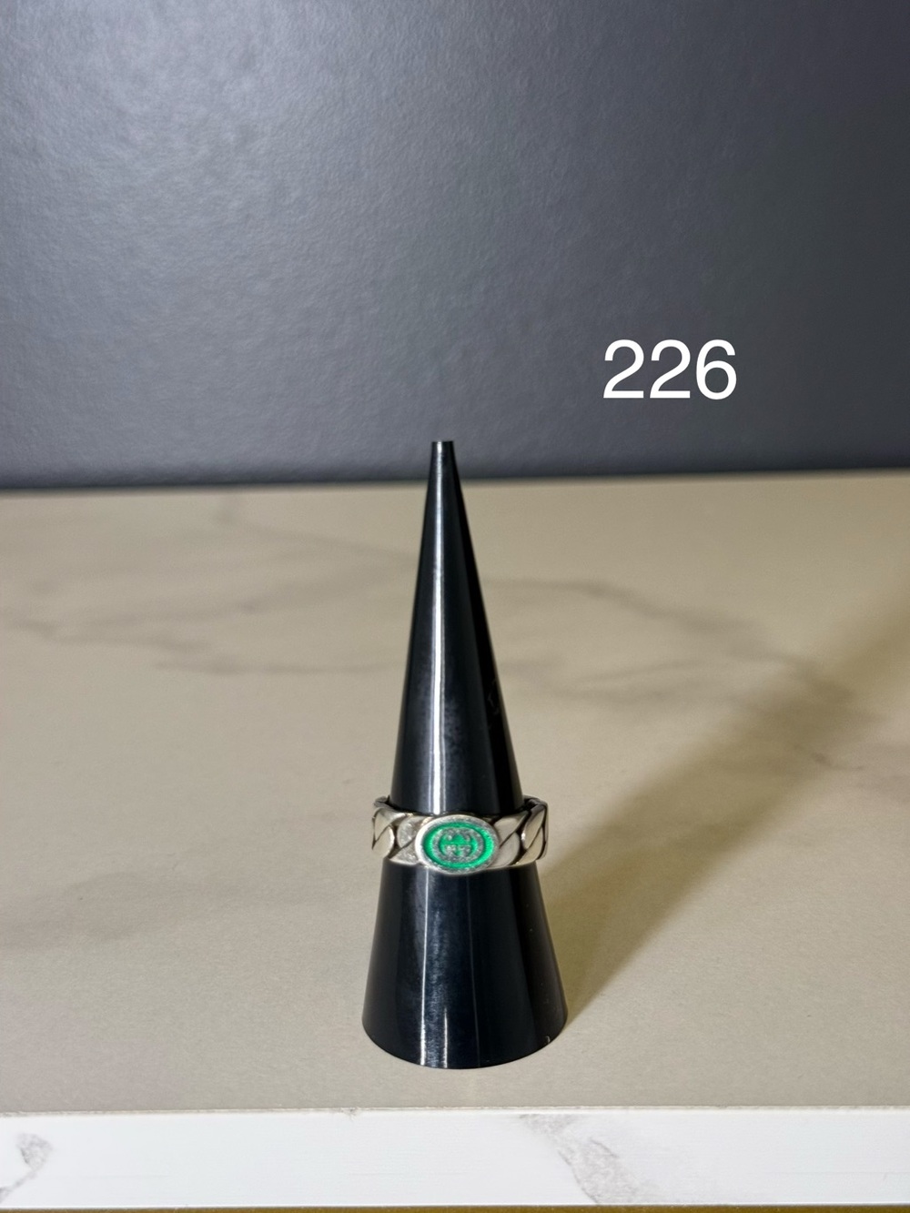 Gucci Silver Ring with Green Enamel Medallion